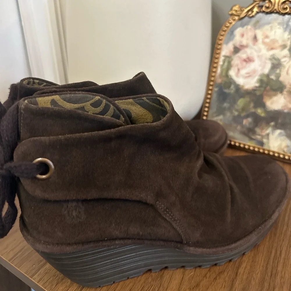 Fly London Brown Suede Wedge Ankle Boots Lace Up Boho EU 39